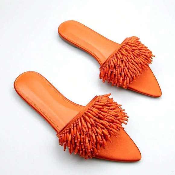 Orange Funky Women's Bead Embroidery Decorated Fabric Flat Comfortable Sandals - Picture 2 of 4